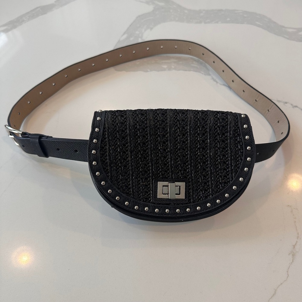 Black Woven Straw Studded Belt Bag Half Moon Waist Pack Turn Lock Closure